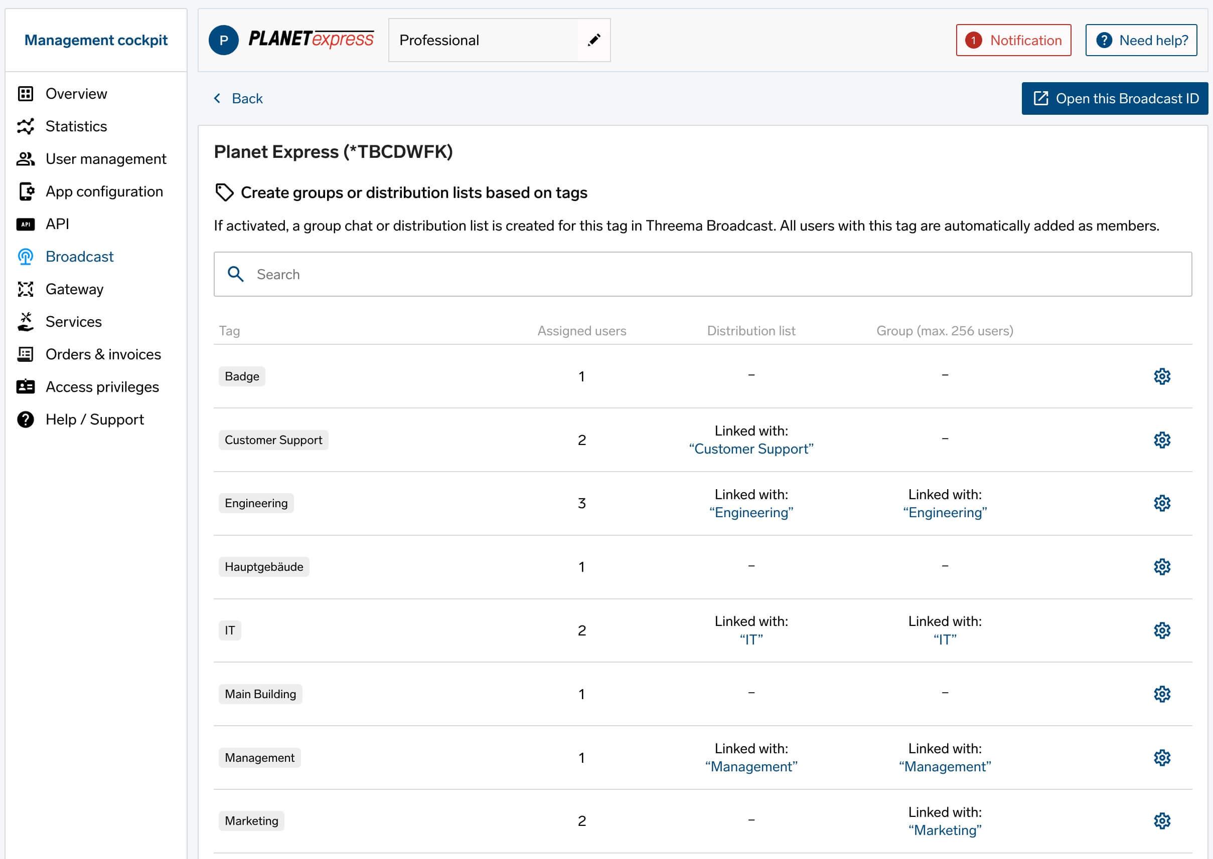 Broadcast settings, tag overview