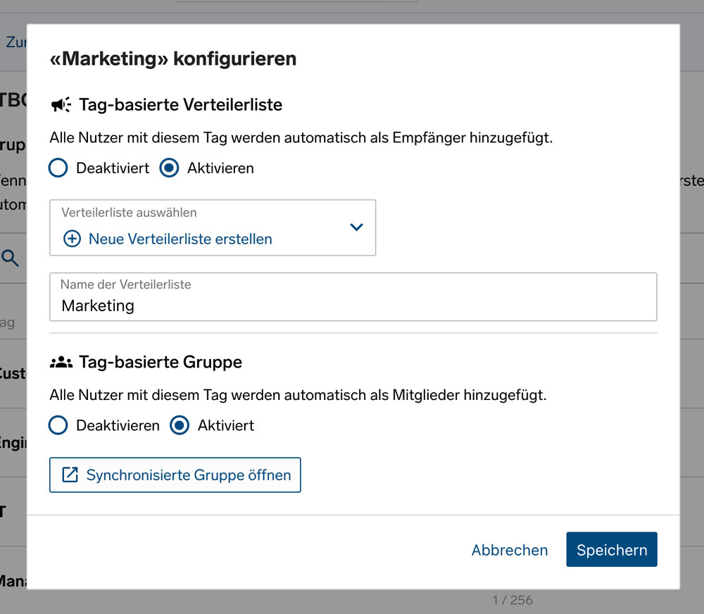 Broadcast settings, tag overview