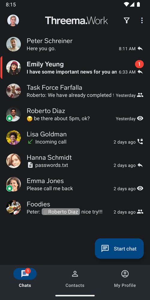 Chat overview in the mobile Android version of Threema Work