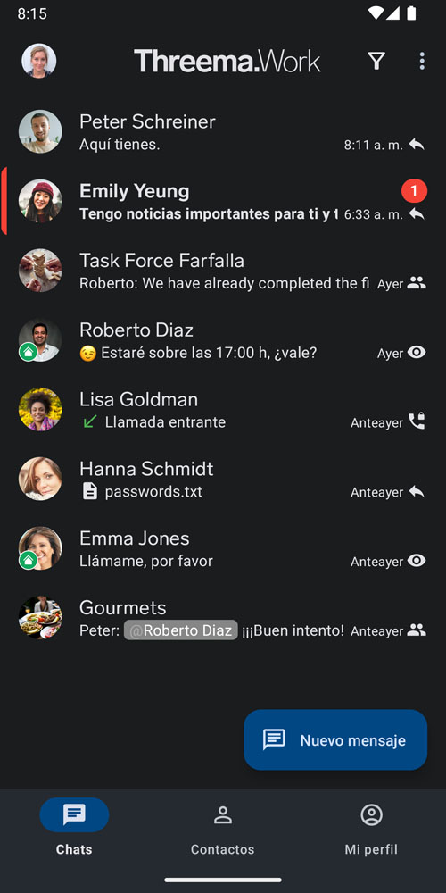 Vista general del chat en la versión móvil para Android de Threema Work
