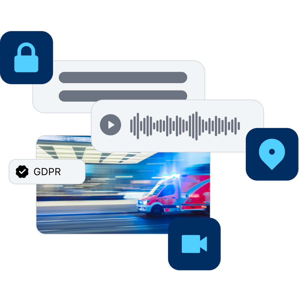 Threema text, voice, and image messages with GDPR badge, illustrating encrypted communication for emergency services.