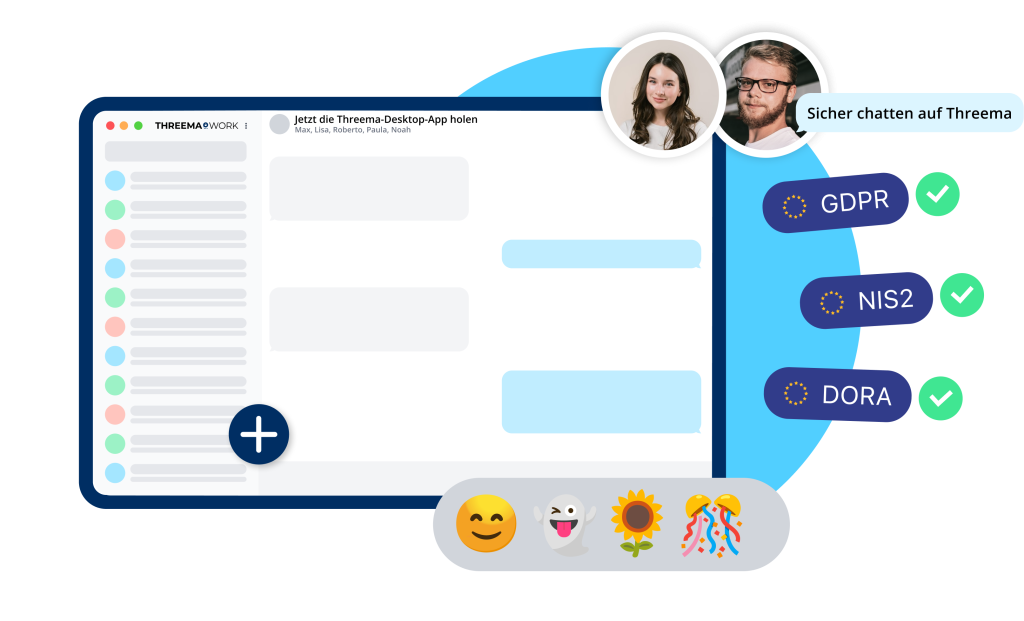 Grafik der Threema Work Desktop-App mit Benutzeroberfl&auml;che f&uuml;r sichere Unternehmenskommunikation.