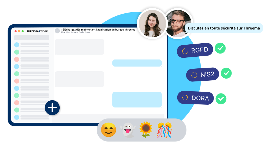 Graphique de l&rsquo;application de bureau Threema Work montrant son interface pour une communication professionnelle s&eacute;curis&eacute;e.