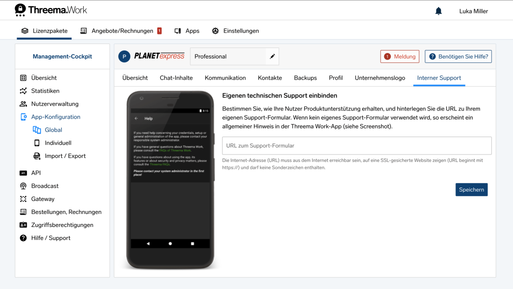 Eigenen technischen Support einbinden in der Threema Work App über das Management Cockpit.