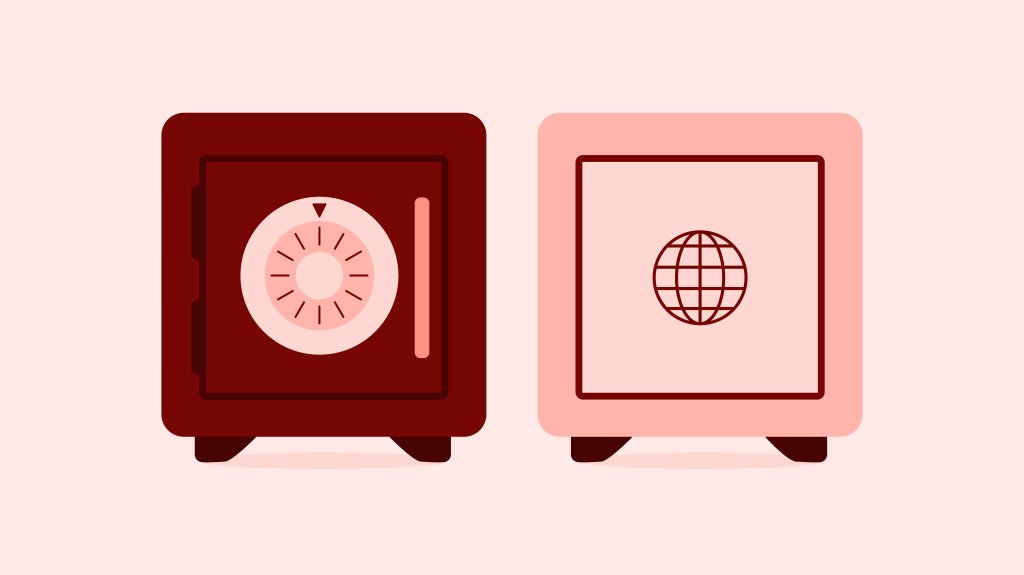 Two safes, one with a dial and one with a globe icon &ndash; representing local and global data security.