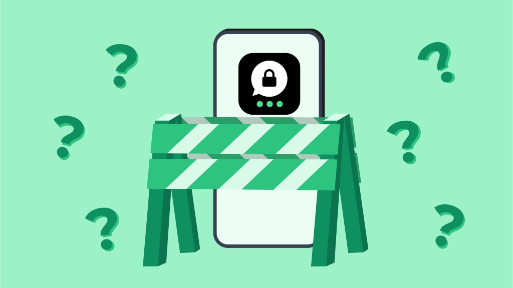 Smartphone with secure messaging app behind barrier and question marks &ndash; indicates access restriction.