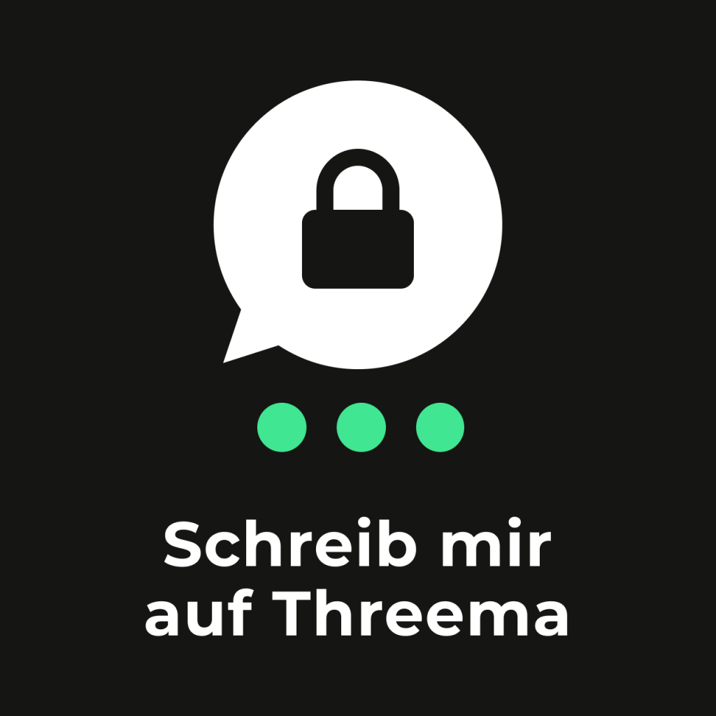 Logo von Threema Private mit Text „Schreib mir auf Threema“, Schlosssymbol und drei grünen Punkten.