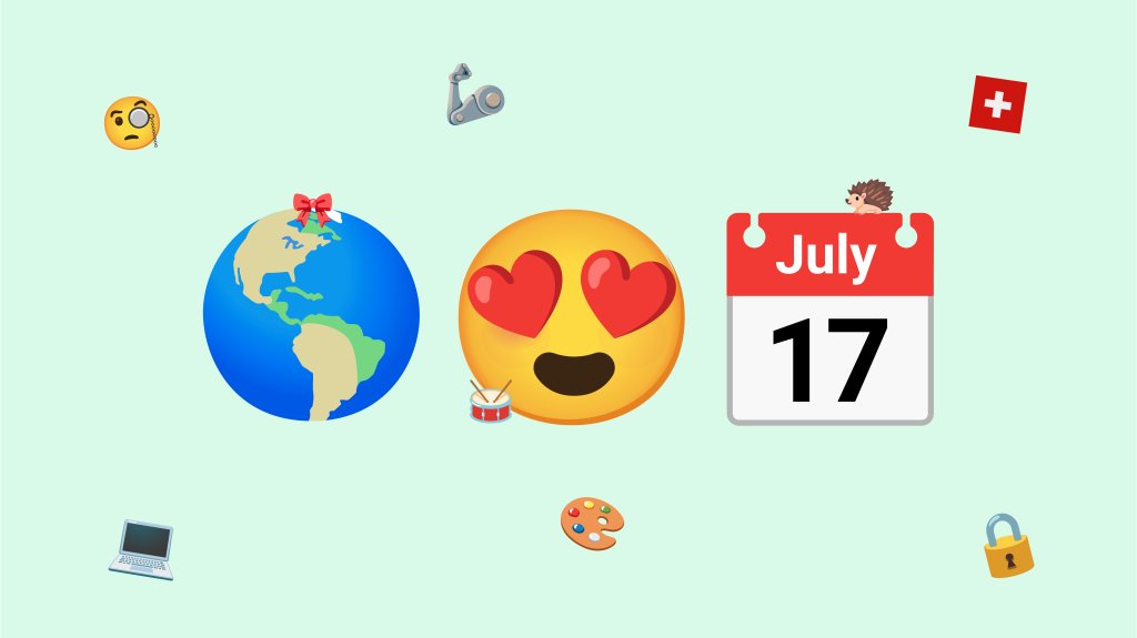 Globe emoji, heart-eyes emoji, and calendar emoji surrounded by other emojis, celebrating World Emoji Day.