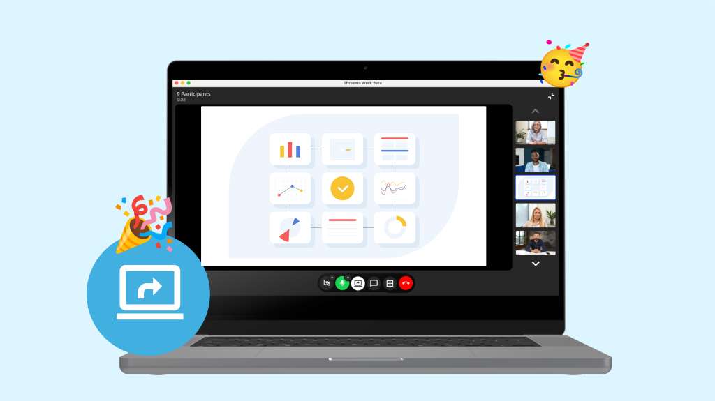 A laptop screen displaying a video conference with multiple participants and a shared presentation slide.