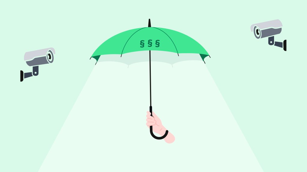 Illustration of a hand holding a green umbrella with legal symbols, shielding from two surveillance cameras shining light.