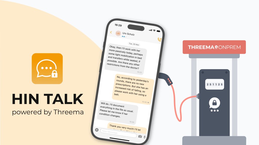 Illustration showing a smartphone with a secure messaging chat, the HIN Talk logo, and a Threema OnPrem server graphic.