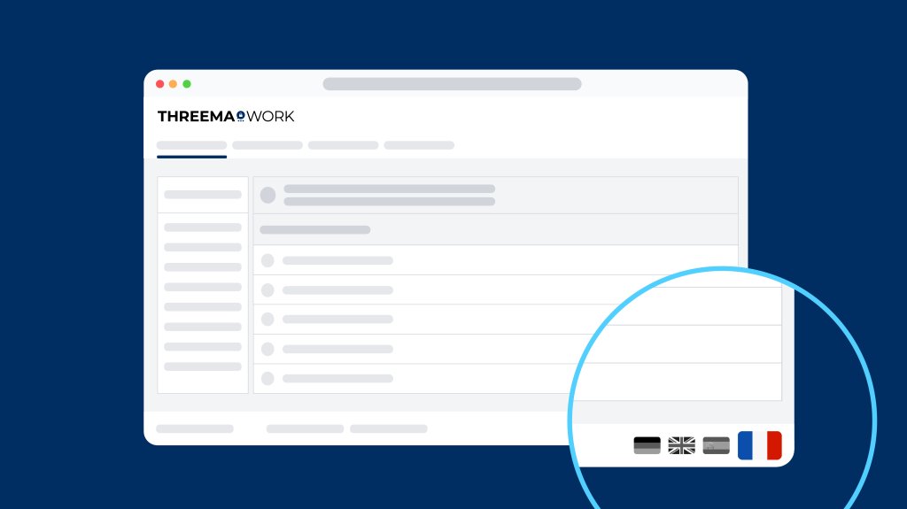 Interface screenshot of Threema Work's management cockpit with a highlighted language selection area.