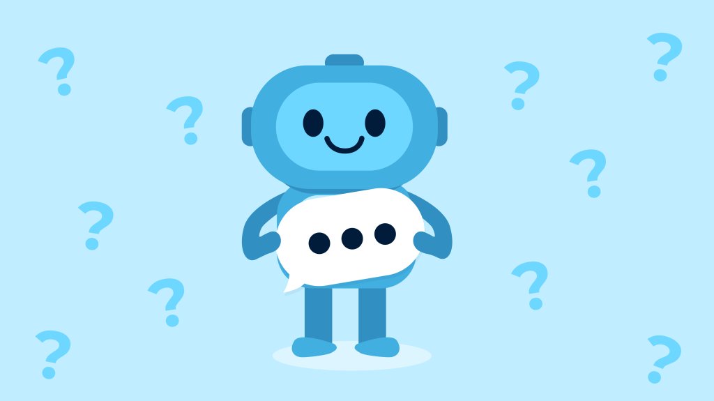 A blue cartoon robot holding a speech bubble with three dots, surrounded by question marks.