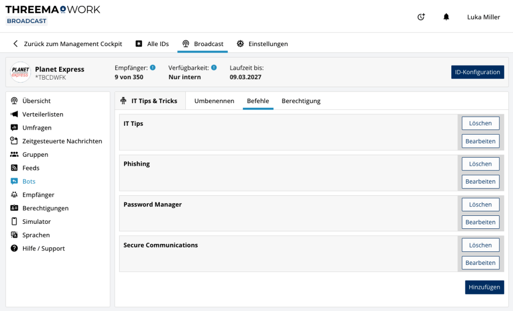 Screenshot des Management-Cockpits von Threema Work, auf dem die Befehle f&uuml;r einen Beispiel-Bot ersichtlich sind.