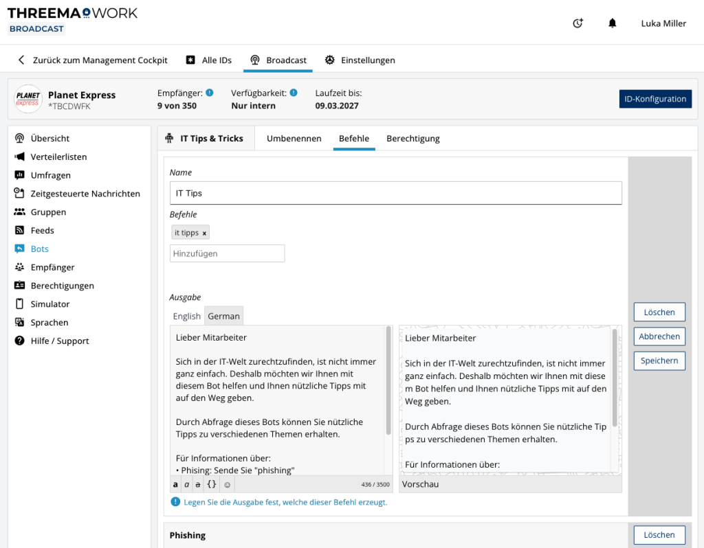 Screenshot des Management-Cockpits von Threema Work, auf dem ersichtlich ist, wie man die Ausgabe eines Bots anpasst.