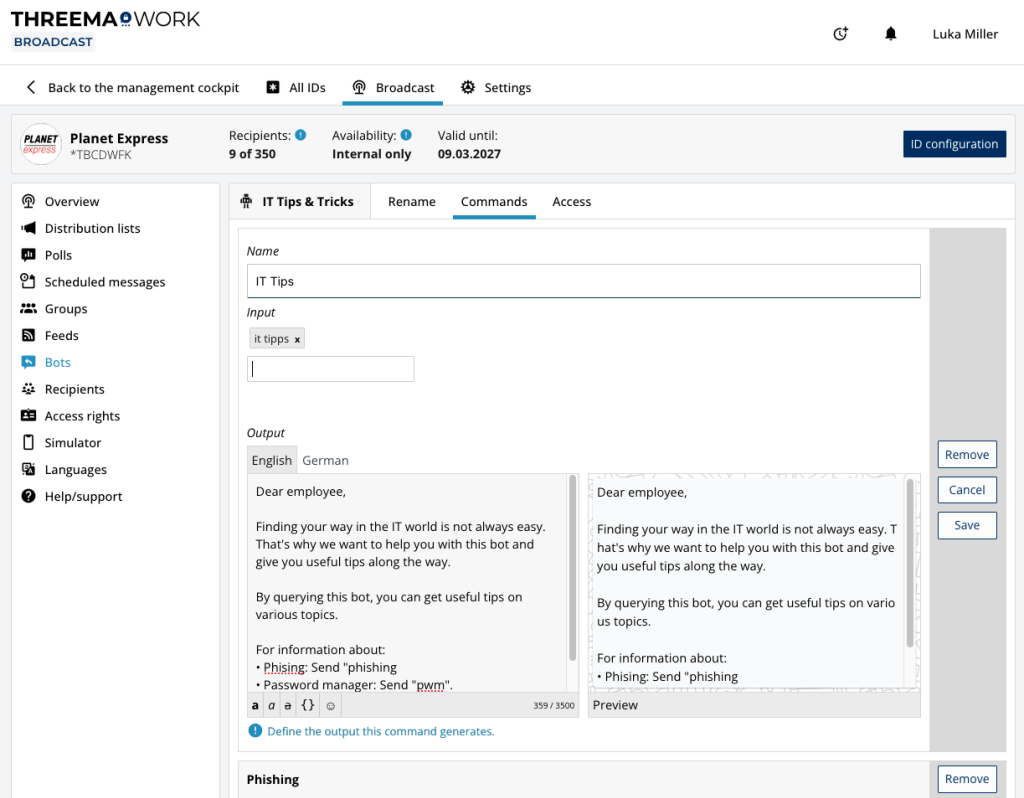 Screenshot of the Threema Work management cockpit in German, showing how to customize a bot's output.