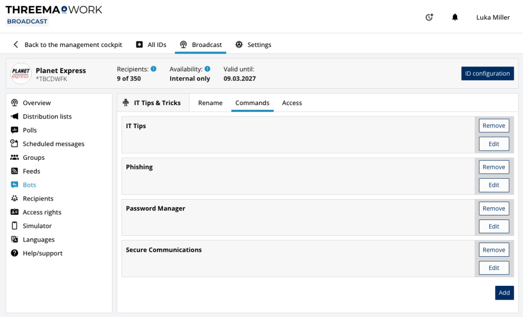 Screenshot of the Threema Work management cockpit showing the commands for a sample bot.