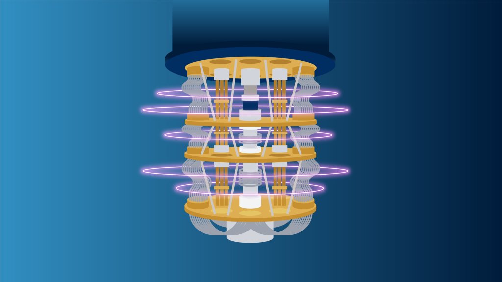 Illustration of a quantum computer&rsquo;s dilution refrigerator with stacked golden platforms and glowing purple rings representing qubits.