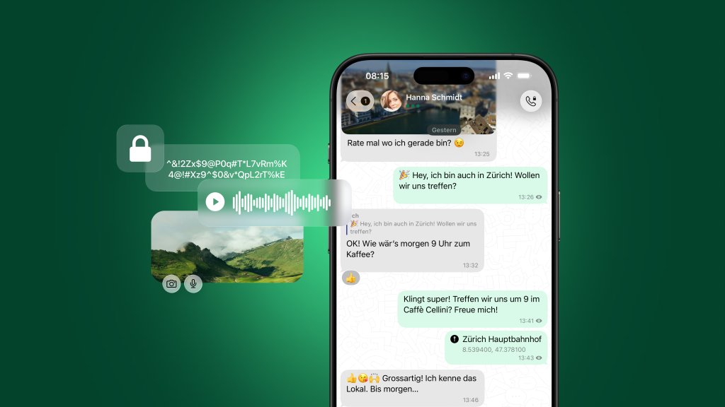 Smartphone mit Chatverlauf, inklusive Textnachrichten, Sprachnachricht, Bild und Standort, im neuen Liquid-Glass-Design.