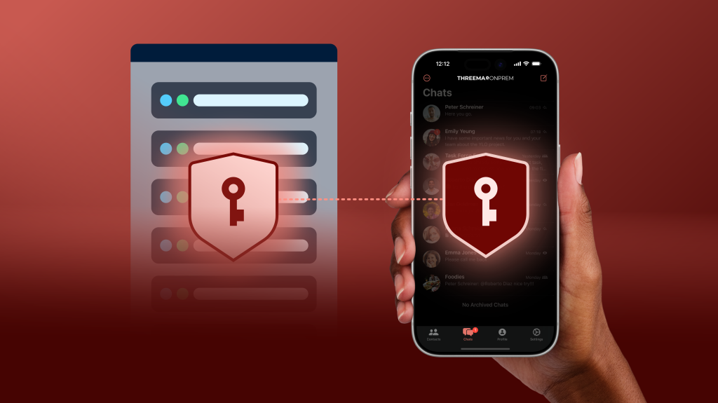 Hand holding a smartphone with a chat app, connected to a server interface, both protected by shield icons with a key symbol.