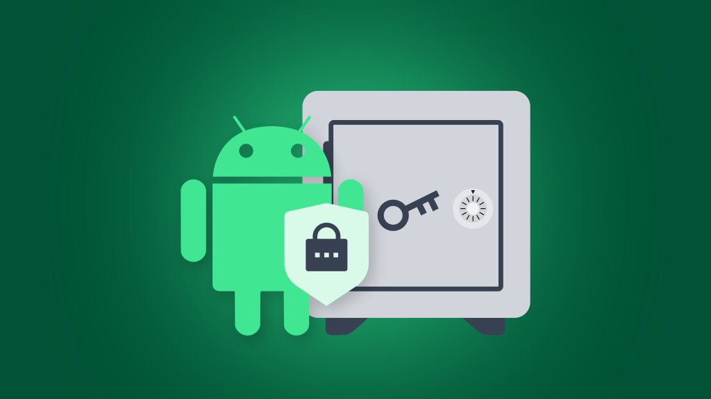 Android mascot beside a secure vault with lock and key icons.