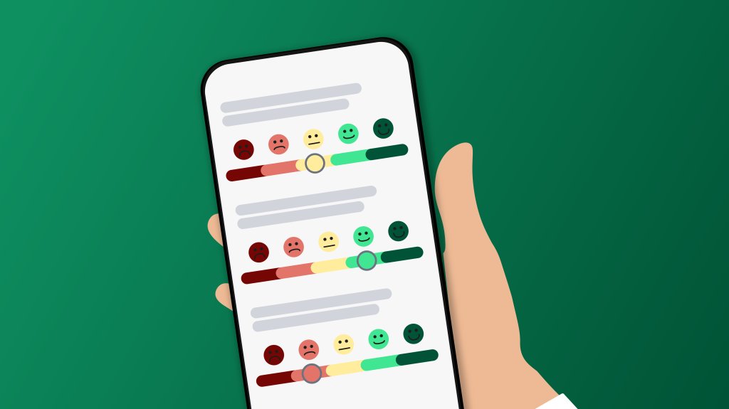 Illustration of a hand holding a smartphone displaying customer satisfaction survey ratings with emoji faces and colored sliders.