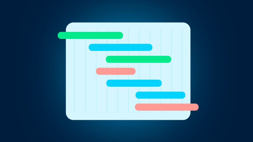 Illustration of a project roadmap with colorful timeline bars on a calendar-like grid.