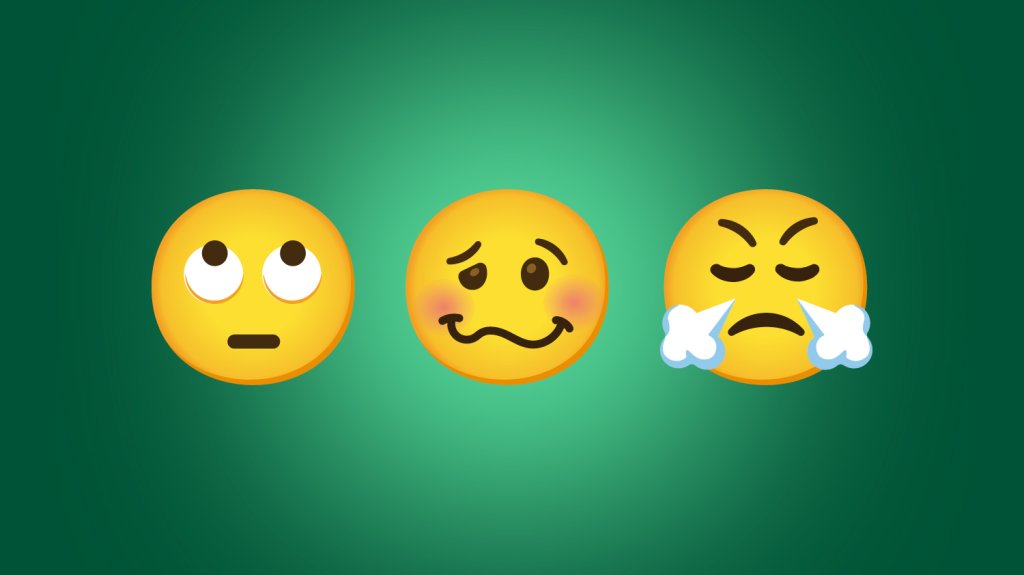 Drei Emojis mit genervtem, verlegenem und frustriertem Gesichtsausdruck vor gr&uuml;nem Hintergrund.