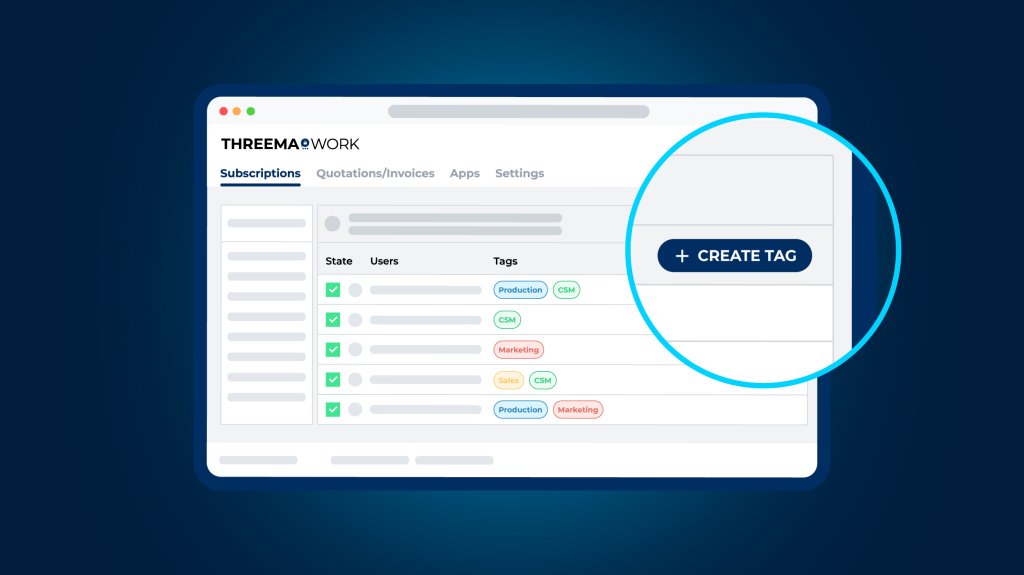A stylized user overview in the Threema Work management cockpit, with a highlighted button for creating a tag.
