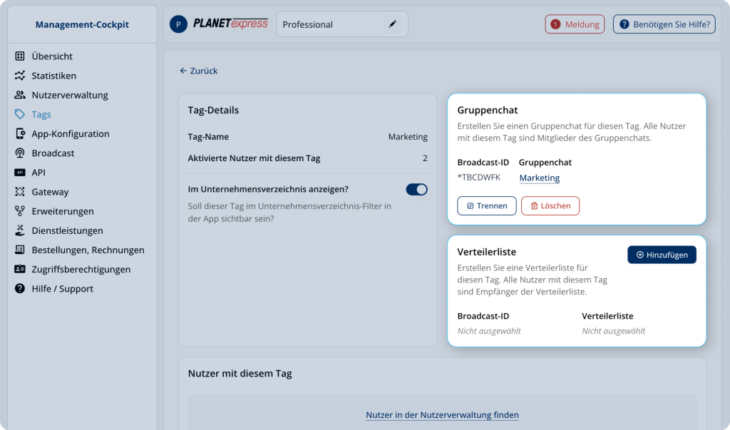 Tag-Details im Management-Cockpit von Threema Work, wobei die Kacheln f&uuml;r Gruppenchat und Verteilerliste optisch hervorgehoben sind.
