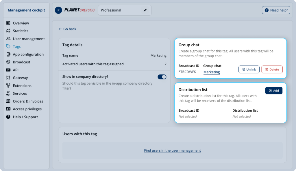 Tag details in the Threema Work management cockpit, with the tiles for group chats and distribution lists visually highlighted.