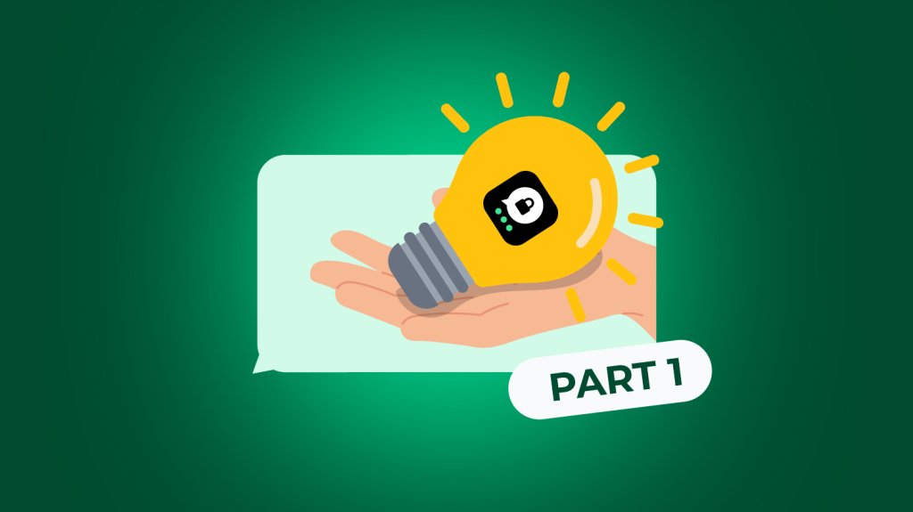 Chat bubble containing a hand holding a glowing light bulb, with a part 1 tag.