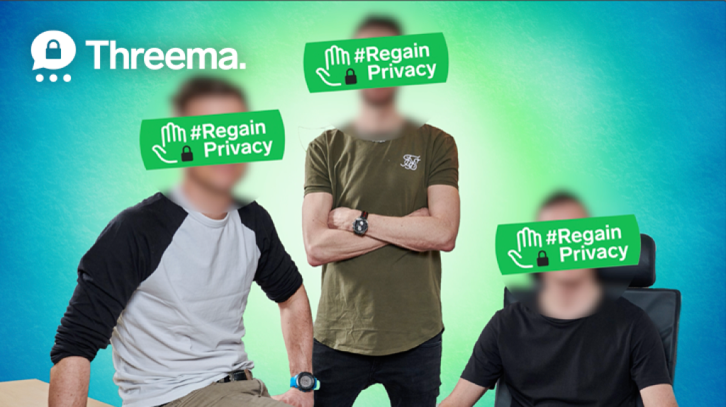 Tres hombres con rostros tapados por “#Regain Privacy”, logo de Threema arriba.