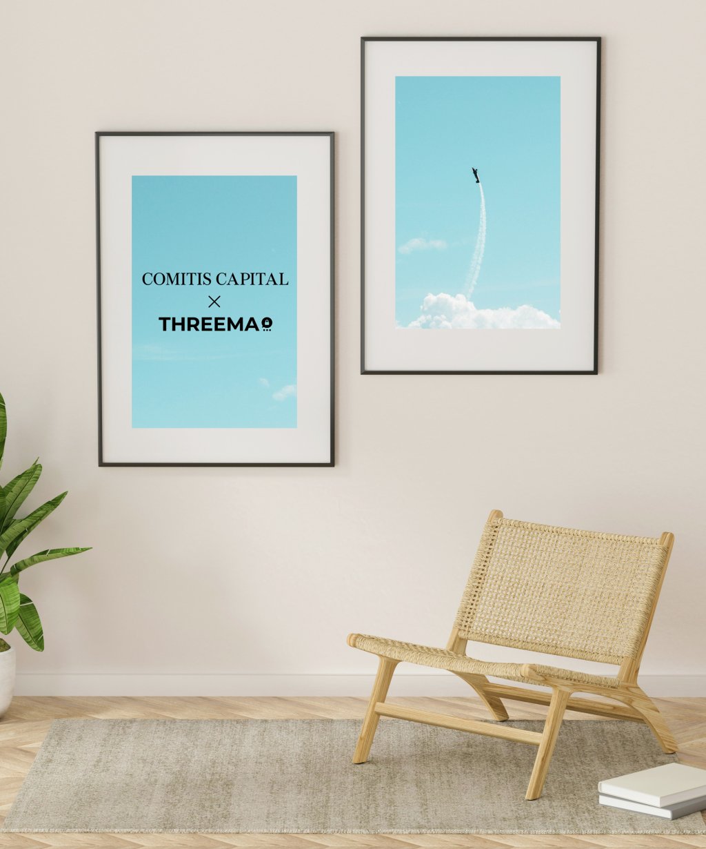 2 pictures on a wall with the text "Threema x Comitis Capital GmbH" and an aircraft climbing.