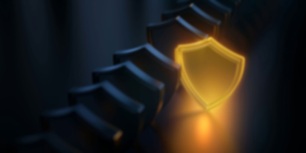 Series of dark shields with one light golden shield.