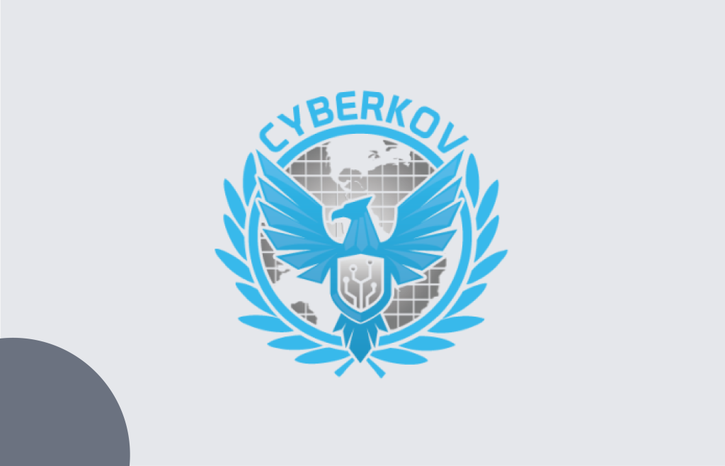 Cyberkov emblem with blue eagle, globe and laurel wreath on grey background.
