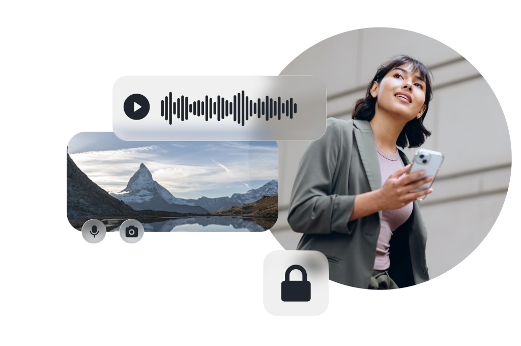Smiling woman using a smartphone, with Threema voice message, photo and encryption icons.