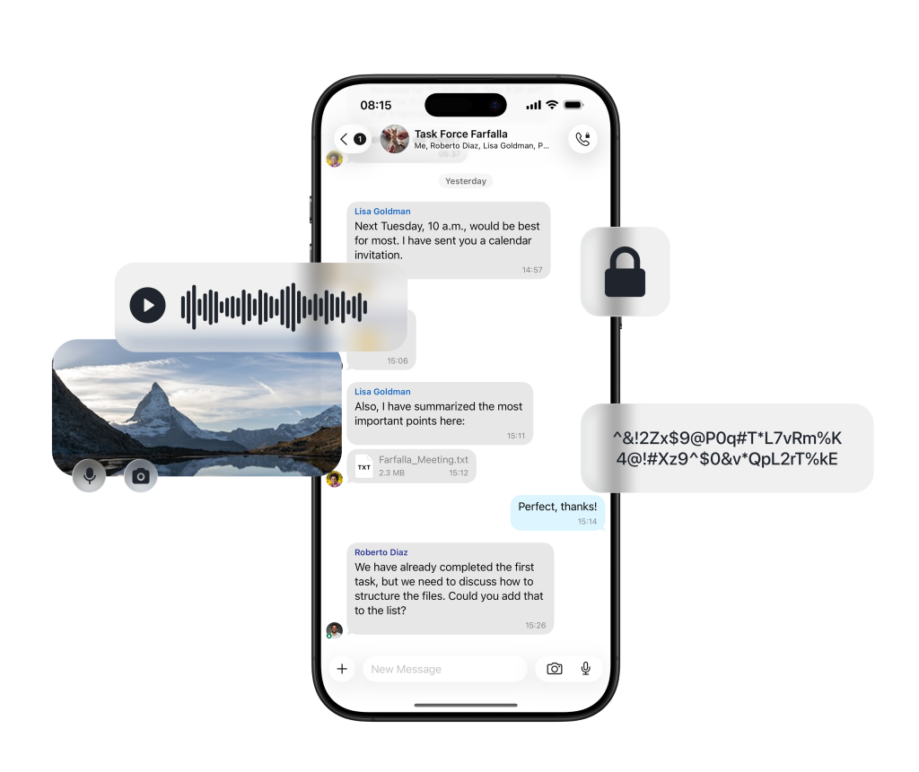 Threema app group chat showing end-to-end encrypted messages, voice memo, photo and file sharing.