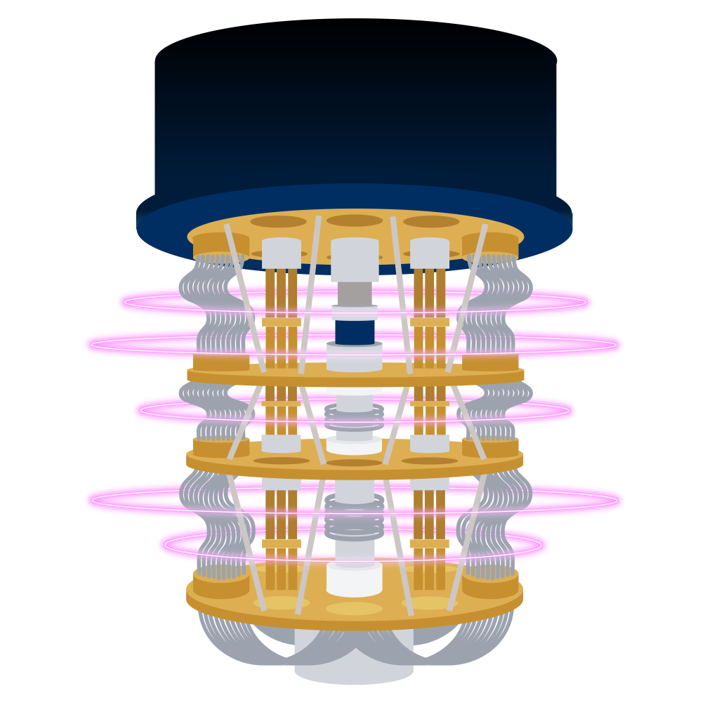 Visualizaci&oacute;n de un ordenador cu&aacute;ntico con circuitos complejos y qubits.