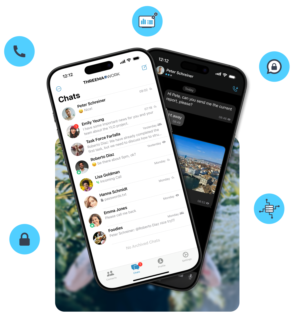Two smartphones displaying the Threema Work chat app interface with light and dark modes. The screen shows various chats and messages, surrounded by icons representing security, communication, analytics, and connectivity.