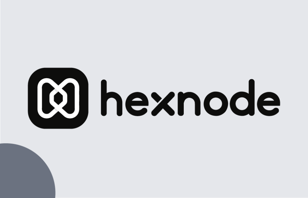 Hexnode logo in black with symbol on grey background.