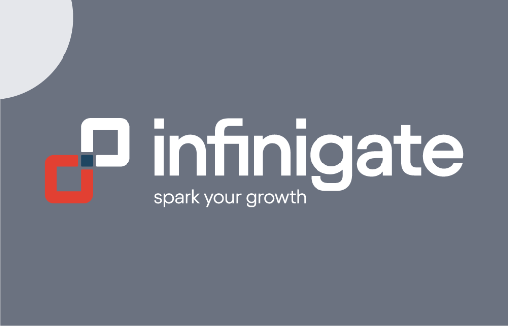 Infinigate logo with "spark your growth" on grey background.