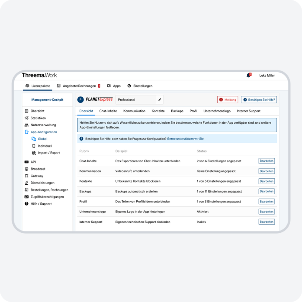 Screenshot of the Threema Work Management Console App Configuration.