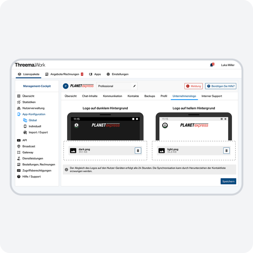 Screenshot of the Threema Work Management Console Logo Configuration.