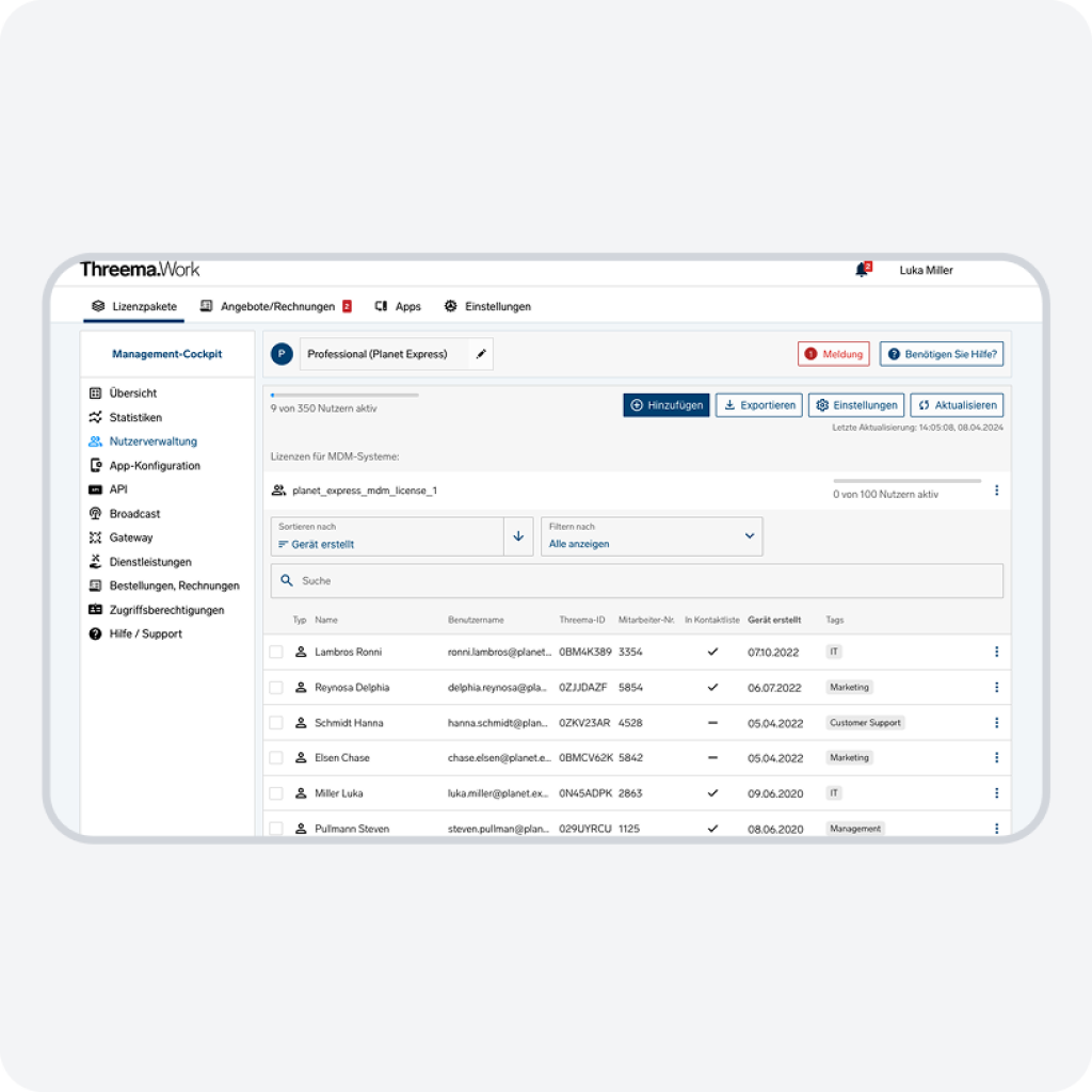 Screenshot of the Threema Work Management Console User Section.