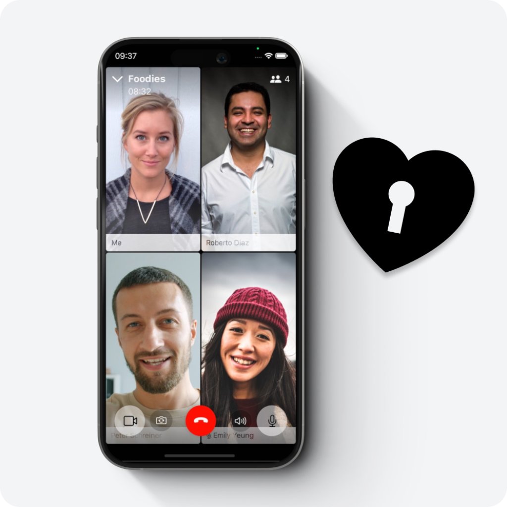Smartphone with video call and heart lock – symbolized secure calls.