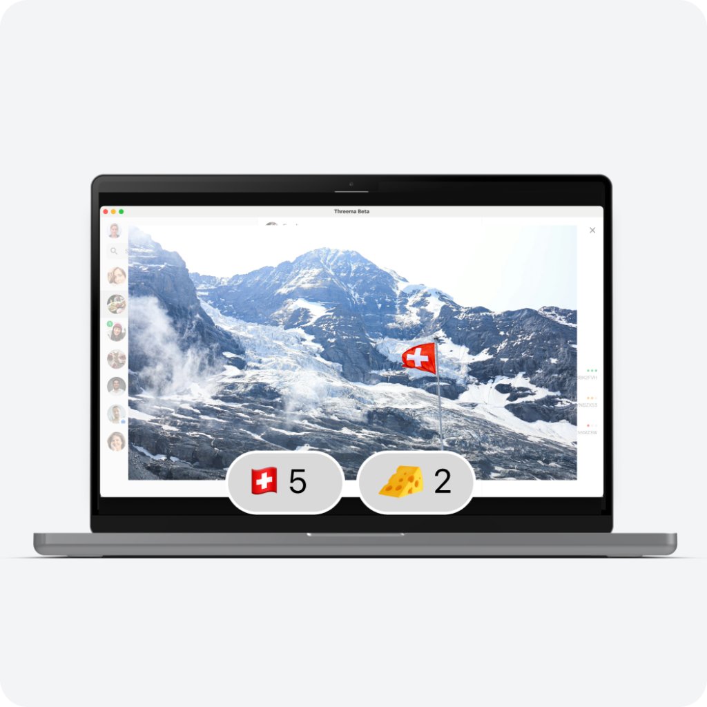 Laptop with mountains, Swiss flag and emojis – symbolized Swiss origin.