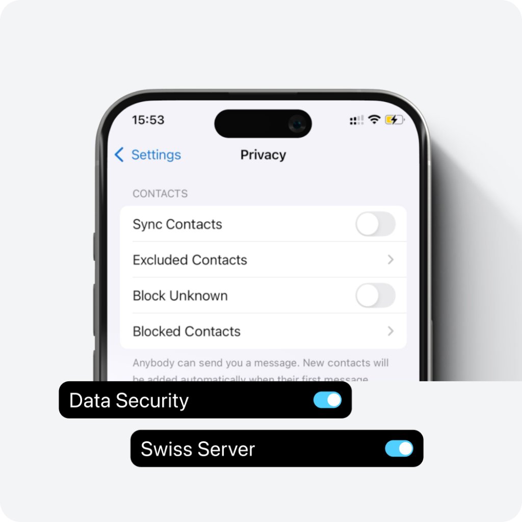 Privacy settings with enabled options Data Security and Swiss Server.