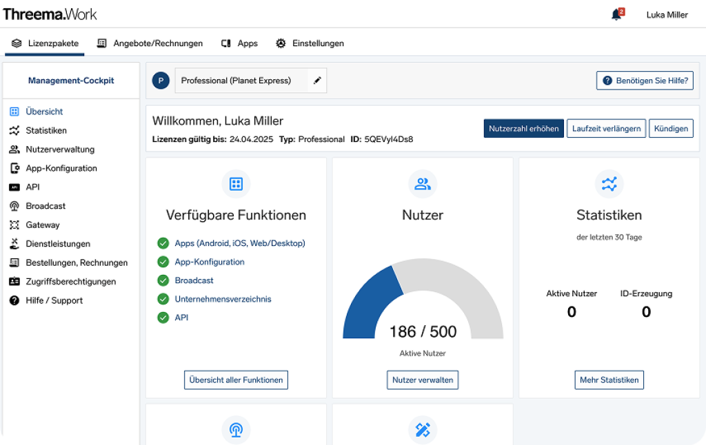 Screenshot of Threema Work Management Console Dashboard.