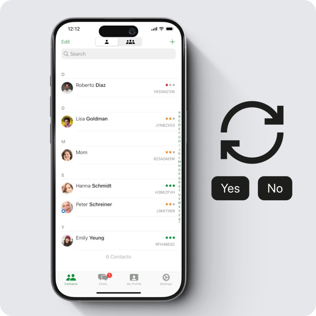 Contact list with Yes/No icon – symbolizing optional contact synchronization.